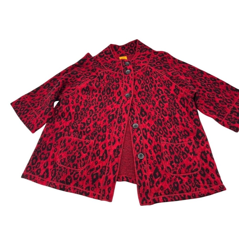 Ruby Rd. Woman Red‎ & Black Leopard Print Wool Cardigan Jacket 1X Button